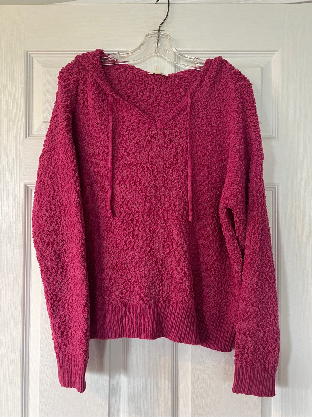 Maurices Popcorn Knit V-Neck Hoodie Sweater - Raspberry